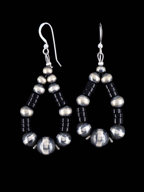 Navajo Onyx and Sterling Silver Beaded Dangle Earrings - PuebloDirect.com
