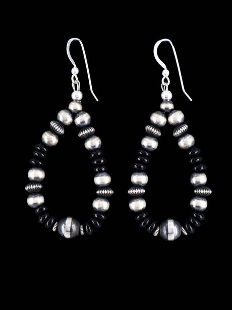 Navajo Onyx and Sterling Silver Beaded Dangle Earrings - PuebloDirect.com