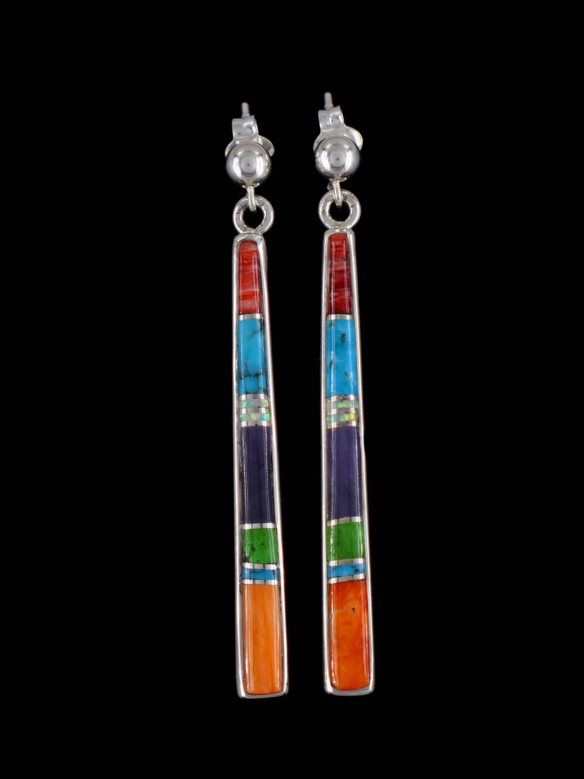 Navajo Multistone Sterling Silver Inlay Dangle Earrings - PuebloDirect.com