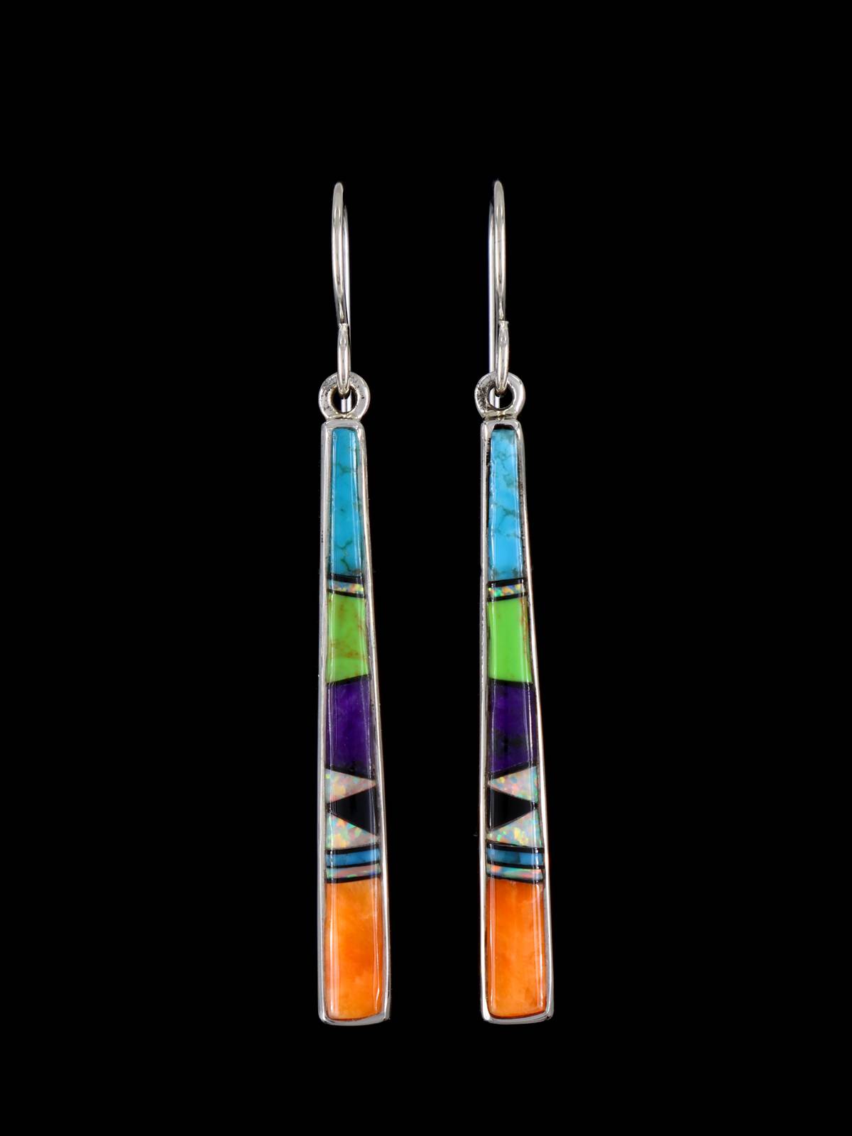 Navajo Multistone Sterling Silver Inlay Dangle Earrings - PuebloDirect.com