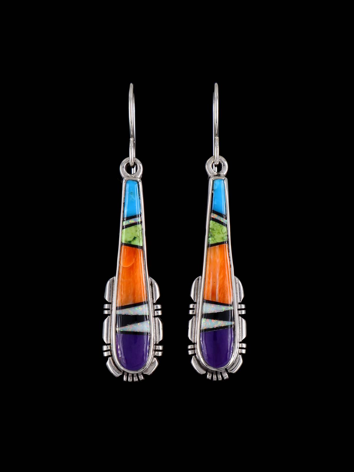 Navajo Multistone Sterling Silver Inlay Dangle Earrings - PuebloDirect.com