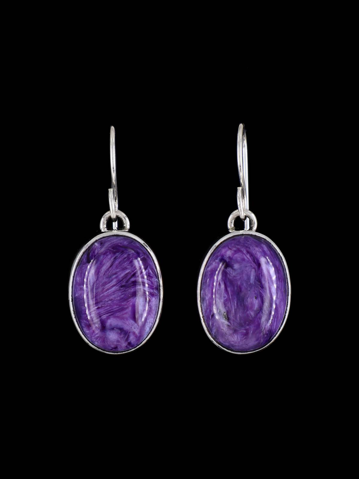 Navajo Purple Charoite Sterling Silver Dangle Earrings - PuebloDirect.com