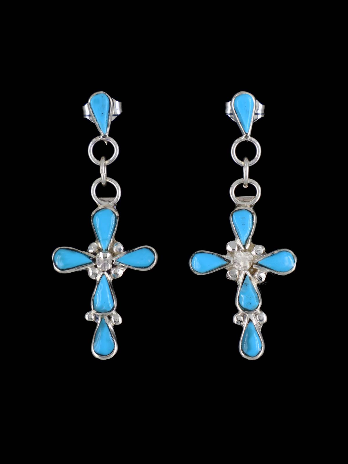 Zuni Sterling Silver Turquoise Cross Post Earrings - PuebloDirect.com