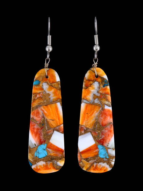 Navajo Spiny Oyster and Turquoise Slab Dangle Earrings - PuebloDirect.com