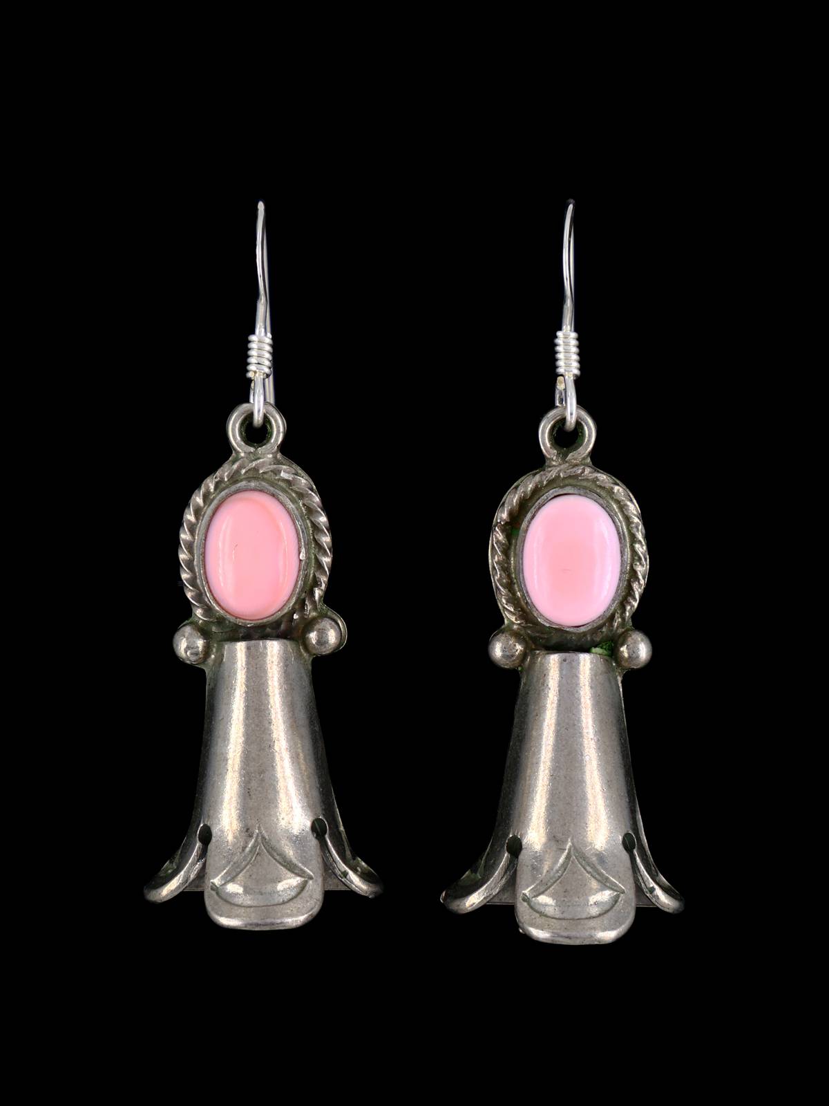 Navajo Sterling Silver Pink Conch Earrings with Flute - PuebloDirect.com