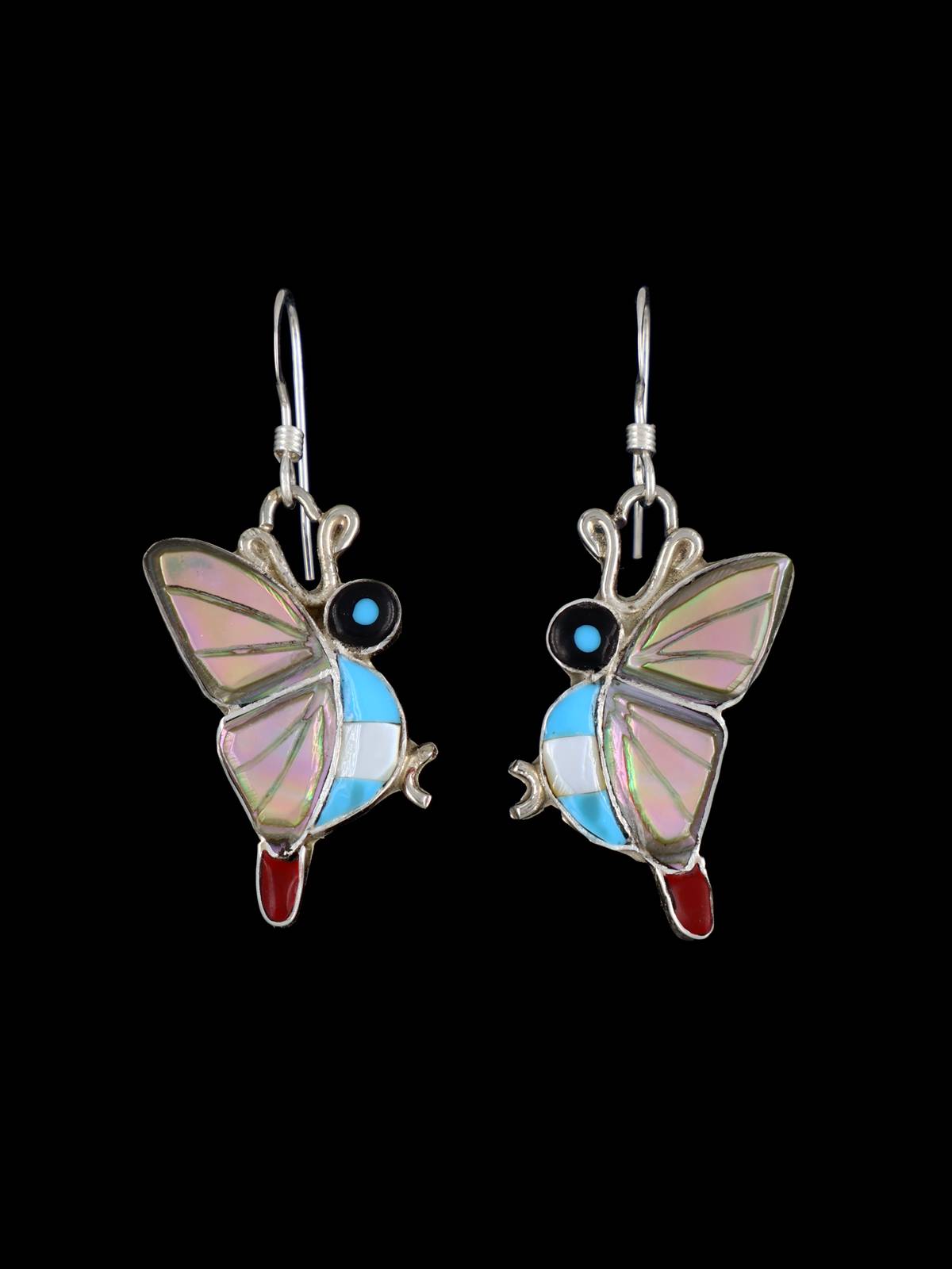 Zuni Inlay Multistone Butterfly Dangle Earrings - PuebloDirect.com
