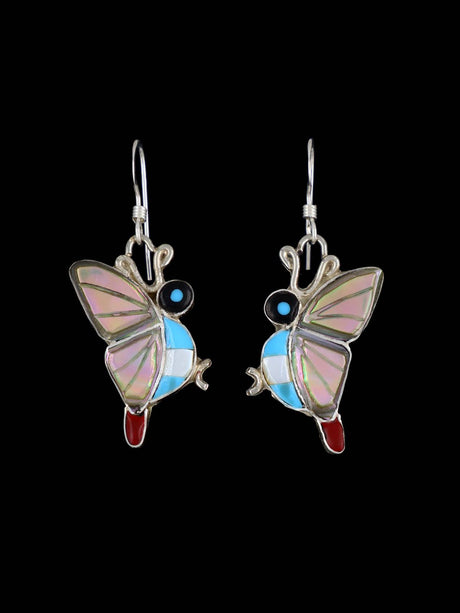 Zuni Inlay Multistone Butterfly Dangle Earrings - PuebloDirect.com