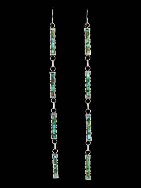 Extra Long Zuni Inlay Sonoran Gold Turquoise Dangle Earrings - PuebloDirect.com