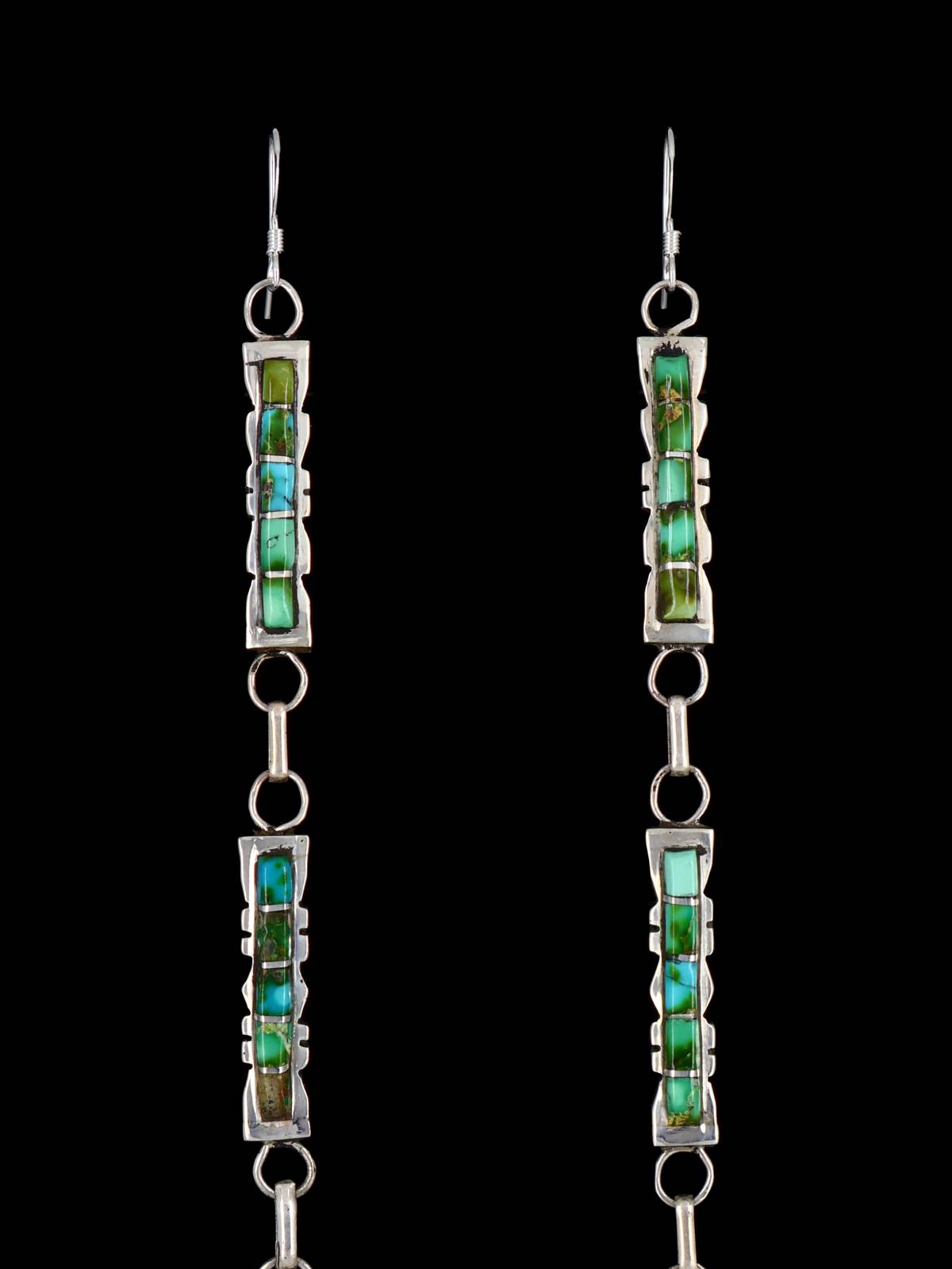 Extra Long Zuni Inlay Sonoran Gold Turquoise Dangle Earrings - PuebloDirect.com