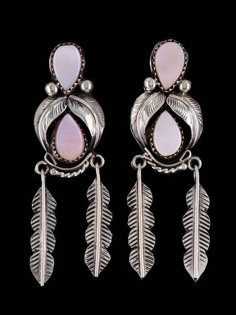 Navajo Pink Shell Sterling Silver Feather Post Earrings - PuebloDirect.com