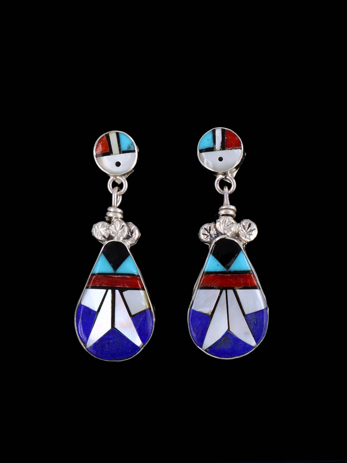 Sterling Silver Zuni Inlay Lapis and Mother of Pearl Post Earrings - PuebloDirect.com