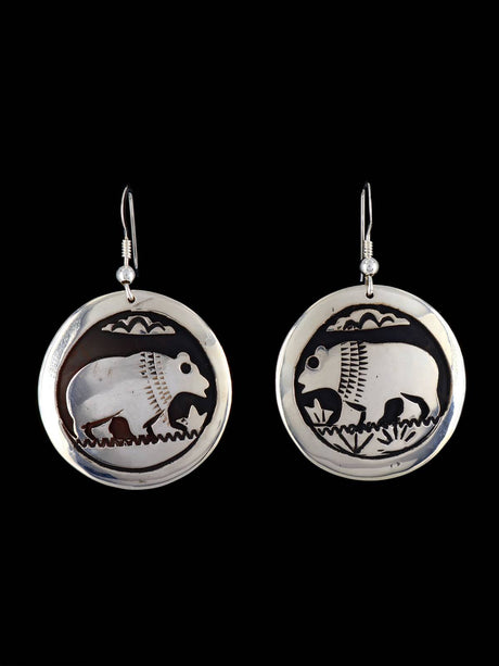 Sterling Silver Hopi Style Overlay Bear Dangle Earrings - PuebloDirect.com