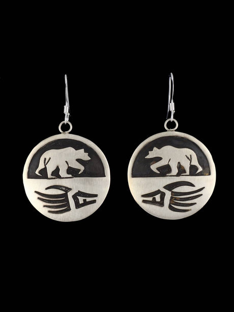 Sterling Silver Hopi Style Overlay Bear Dangle Earrings - PuebloDirect.com