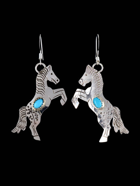 Navajo Sterling Silver Turquoise Horse Dangle Earrings - PuebloDirect.com
