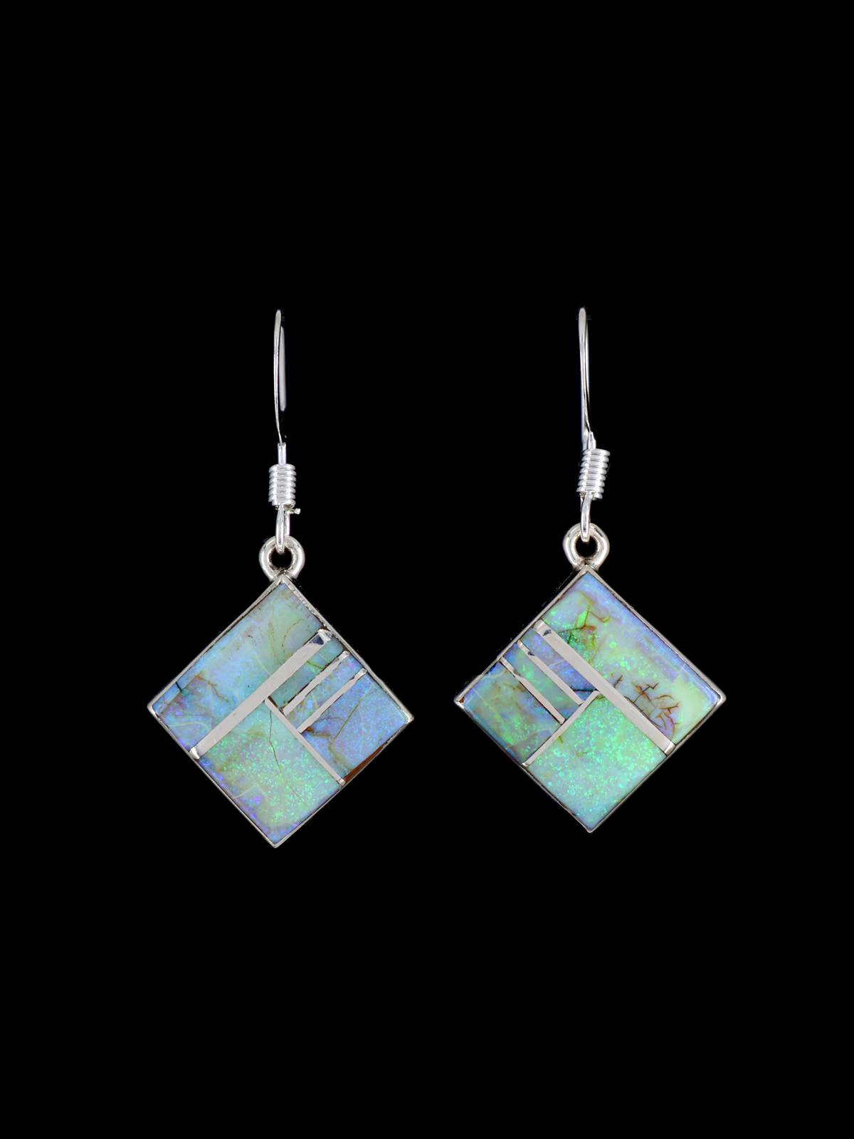 Native American Spiderweb Opal Inlay Dangle Earrings - PuebloDirect.com