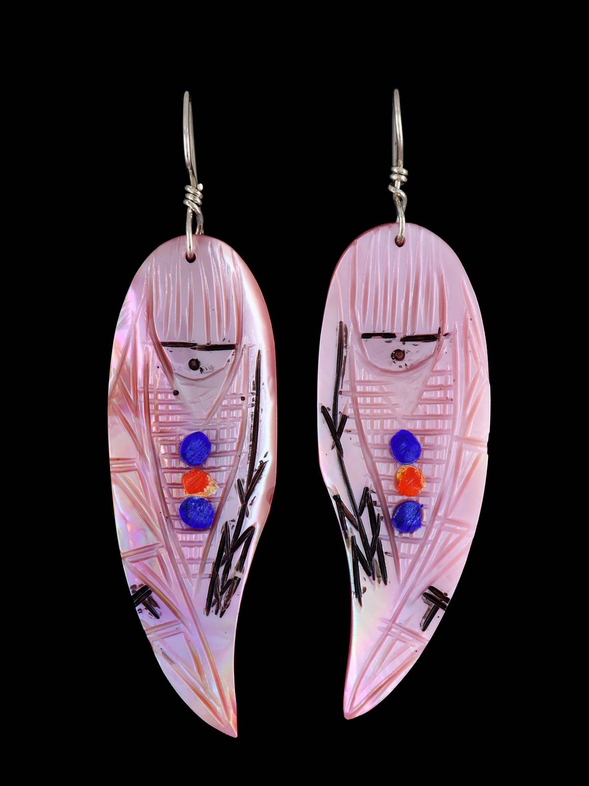 Zuni Inlay Pink Shell Maiden Dangle Earrings - PuebloDirect.com