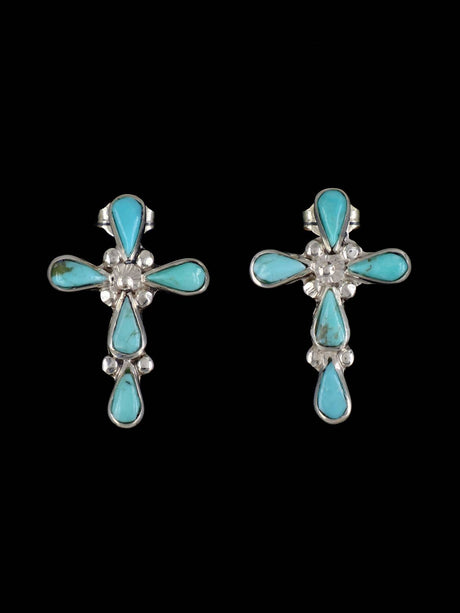 Turquoise Zuni Sterling Silver Cross Post Earrings - PuebloDirect.com