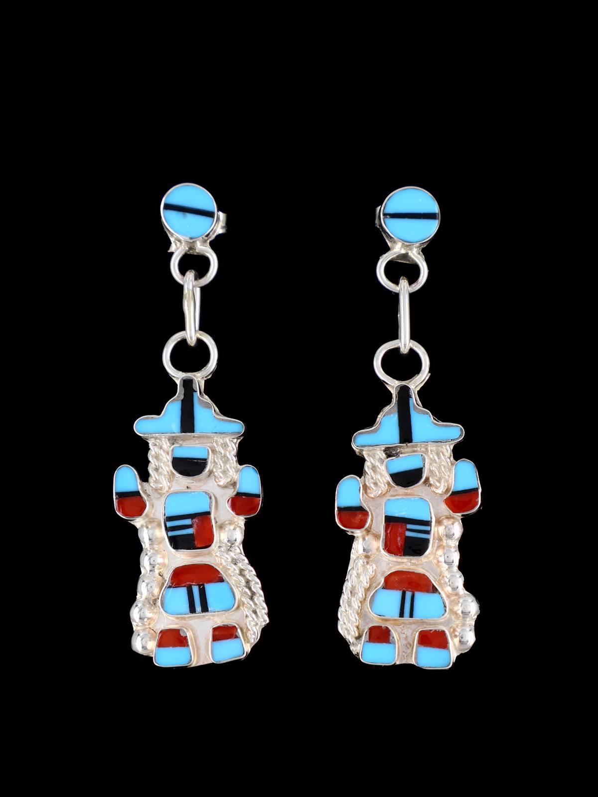 Sterling Silver Zuni Inlay Knifewing Post Dangle Earrings - PuebloDirect.com
