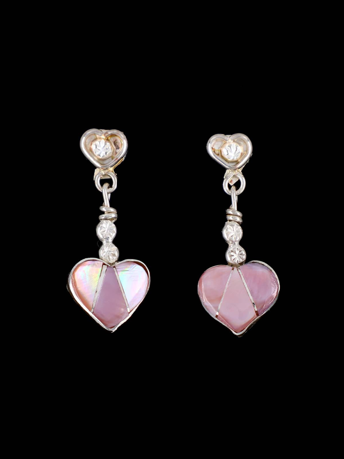 Zuni Inlay Pink Shell Inlay Heart Post Earrings - PuebloDirect.com