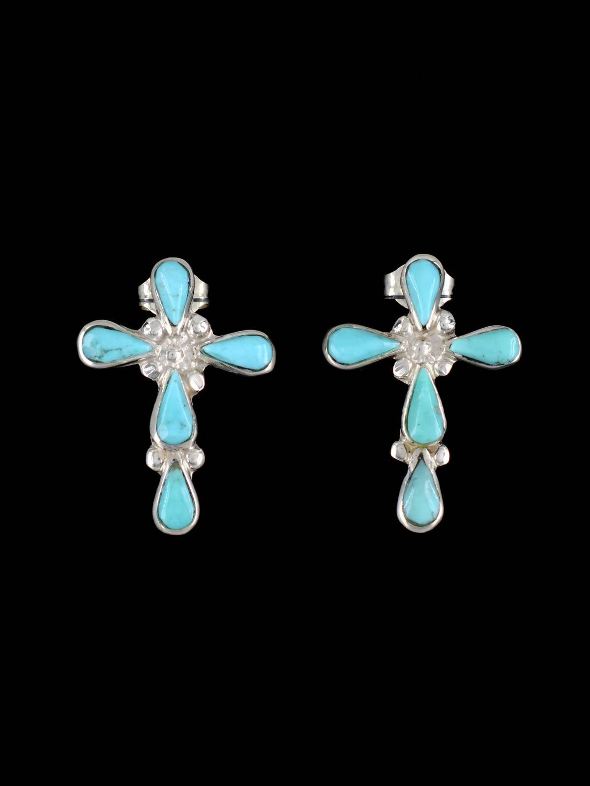 Turquoise Zuni Sterling Silver Cross Post Earrings - PuebloDirect.com