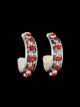 Zuni Sterling Silver Coral Half Hoop Post Earrings - PuebloDirect.com