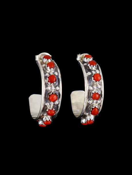 Zuni Sterling Silver Coral Half Hoop Post Earrings - PuebloDirect.com