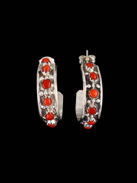 Zuni Sterling Silver Coral Half Hoop Post Earrings - PuebloDirect.com