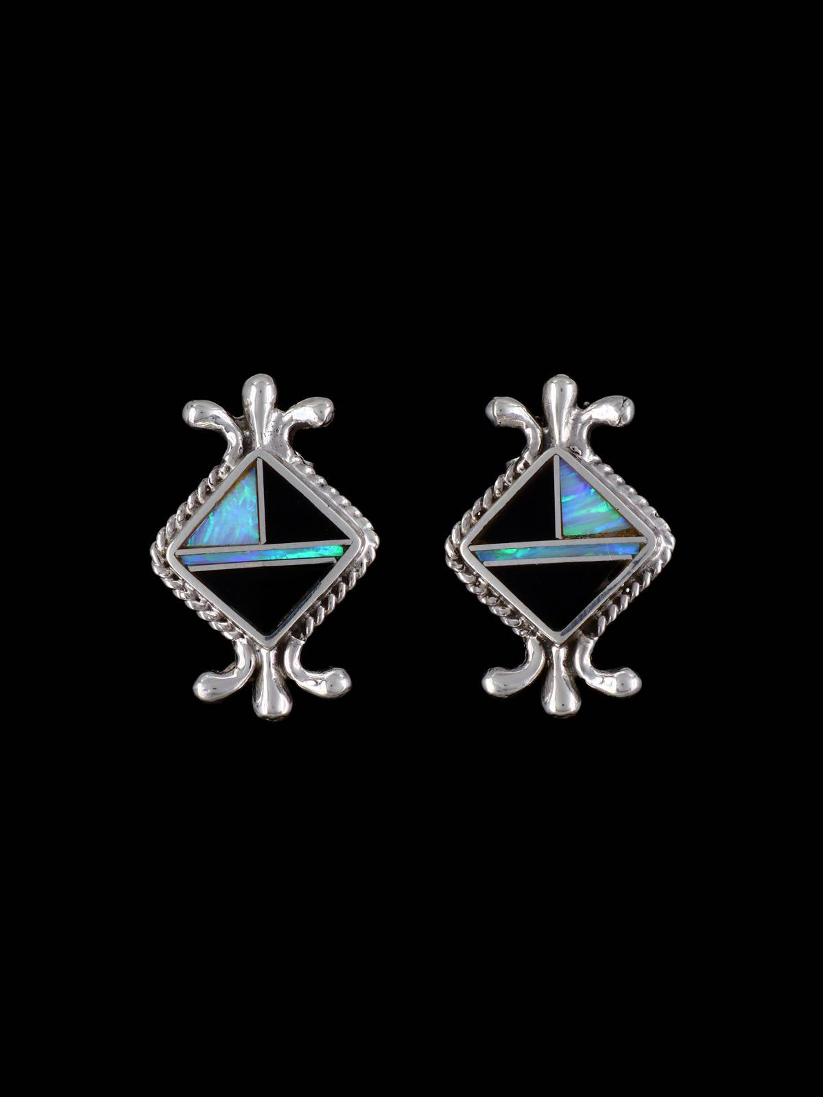 Native American Onyx and Opalite Inlay Post Earrings - PuebloDirect.com