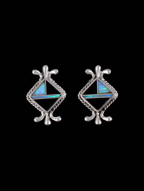 Native American Onyx and Opalite Inlay Post Earrings - PuebloDirect.com