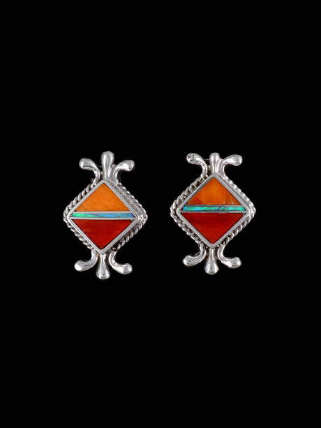 Native American Turquoise and Spiny Oyster Inlay Post Earrings - PuebloDirect.com