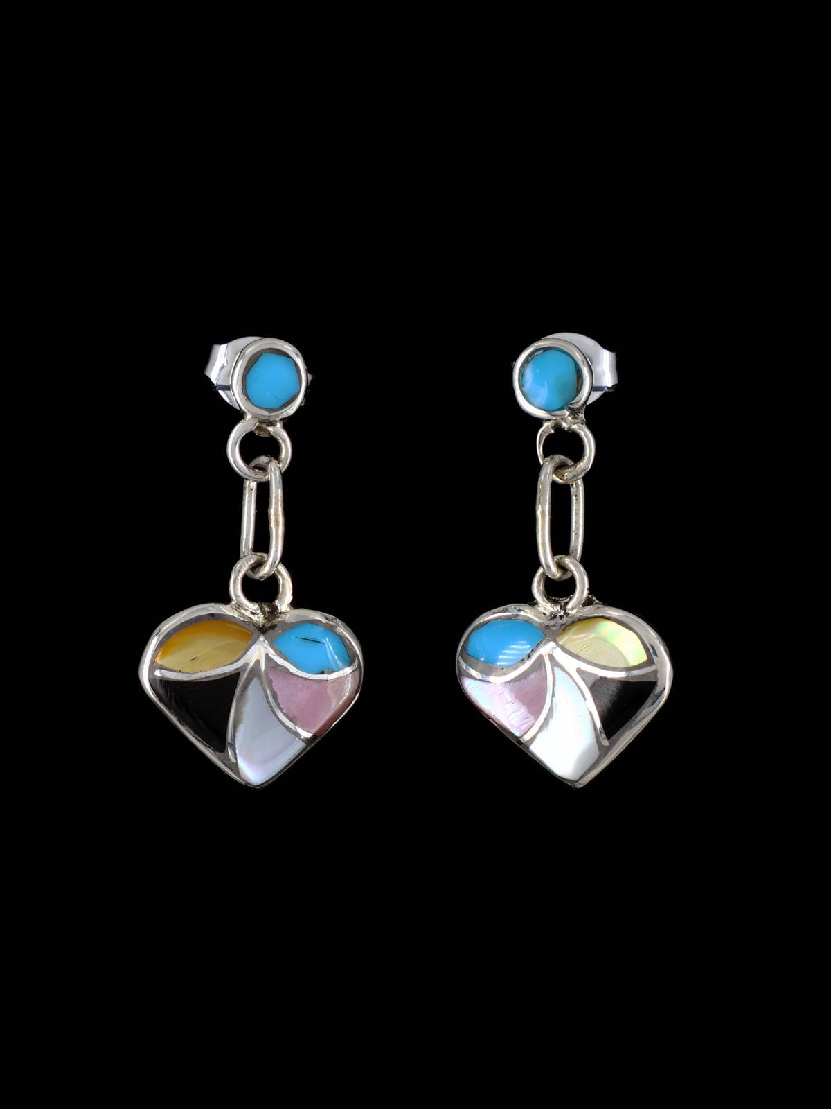 Zuni Inlay Multistone Inlay Heart Post Earrings - PuebloDirect.com