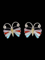 Zuni Inlay Multistone Butterfly Post Earrings - PuebloDirect.com
