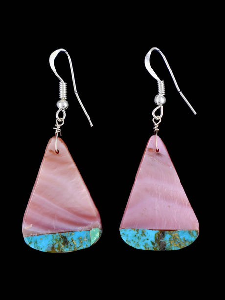 Navajo Pink Shell and Turquoise Dangle Earrings - PuebloDirect.com