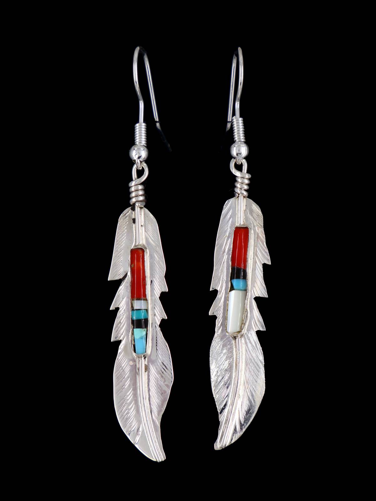 Navajo Sterling Silver Inlay Feather Dangle Earrings - PuebloDirect.com