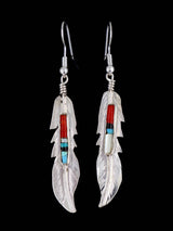 Navajo Sterling Silver Inlay Feather Dangle Earrings - PuebloDirect.com