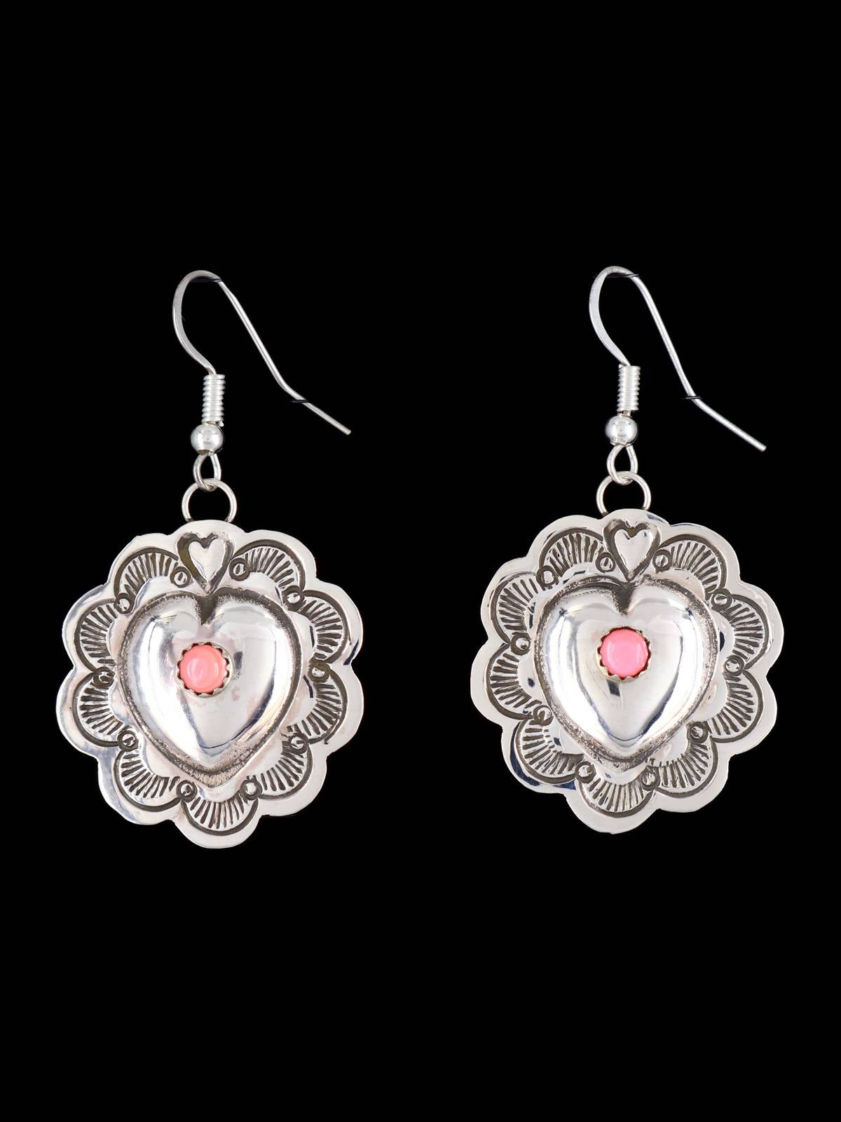 Native American Sterling Silver Pink Coral Dangle Earrings - PuebloDirect.com
