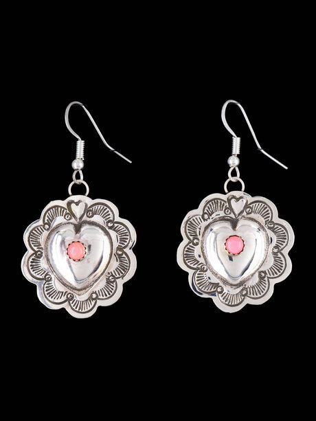 Native American Sterling Silver Pink Coral Dangle Earrings - PuebloDirect.com