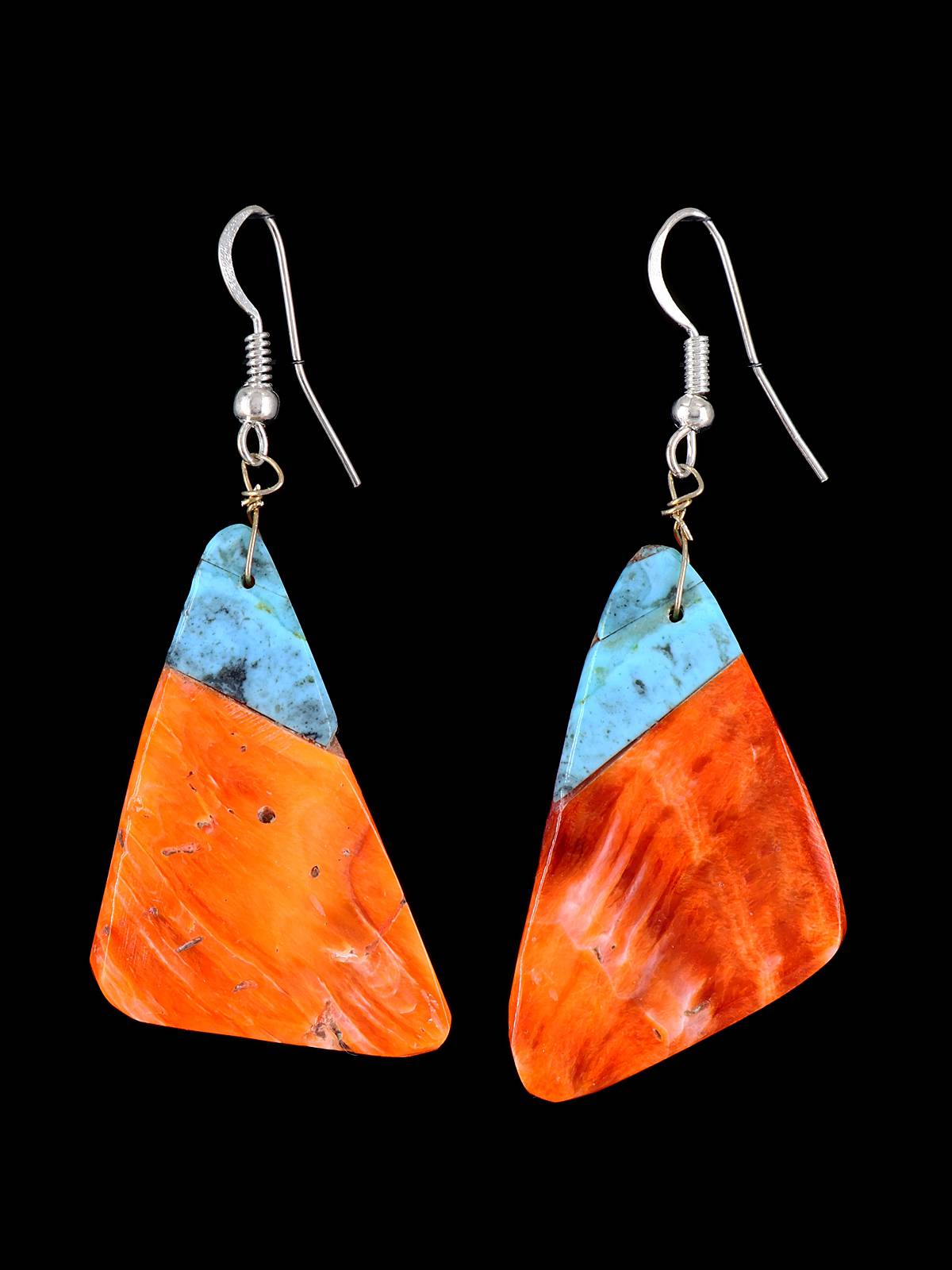 Navajo Spiny Oyster and Turquoise Dangle Earrings - PuebloDirect.com