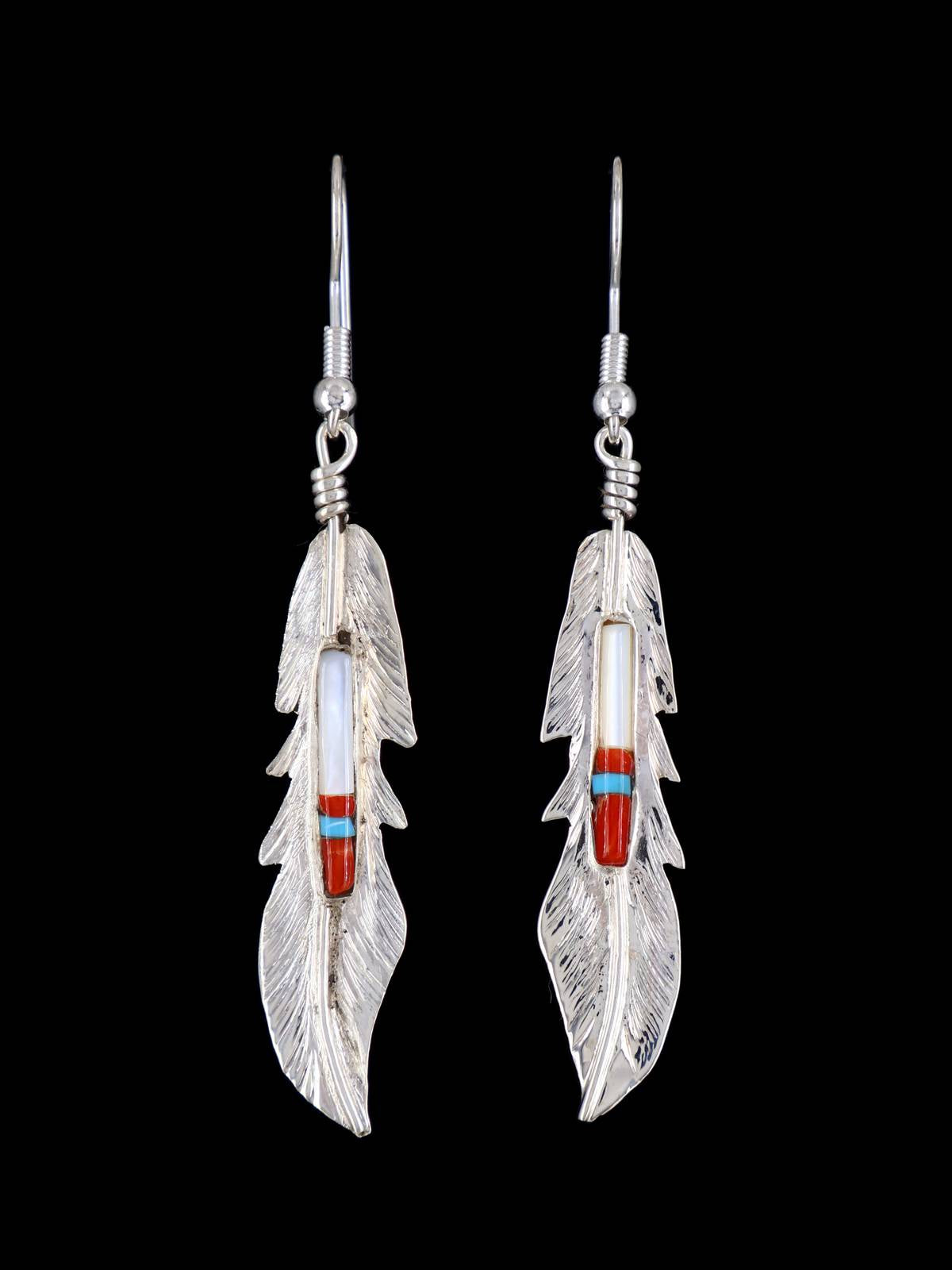 Navajo Sterling Silver Inlay Feather Dangle Earrings - PuebloDirect.com