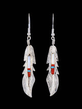 Navajo Sterling Silver Inlay Feather Dangle Earrings - PuebloDirect.com