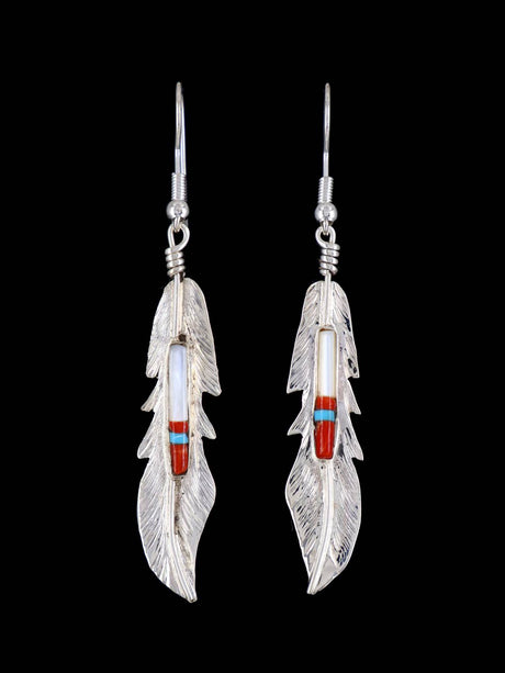 Navajo Sterling Silver Inlay Feather Dangle Earrings - PuebloDirect.com
