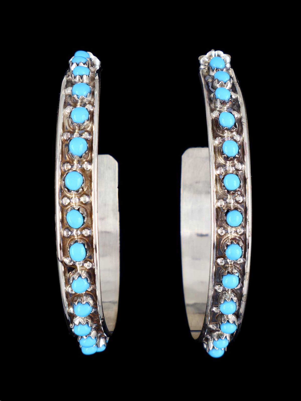 Zuni Sterling Silver Turquoise Hoop Post Earrings - PuebloDirect.com