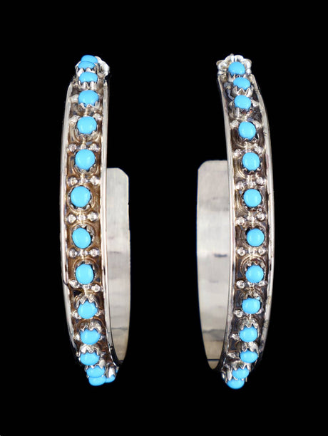 Zuni Sterling Silver Turquoise Hoop Post Earrings - PuebloDirect.com