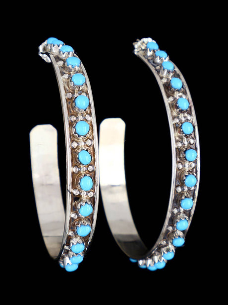 Zuni Sterling Silver Turquoise Hoop Post Earrings - PuebloDirect.com
