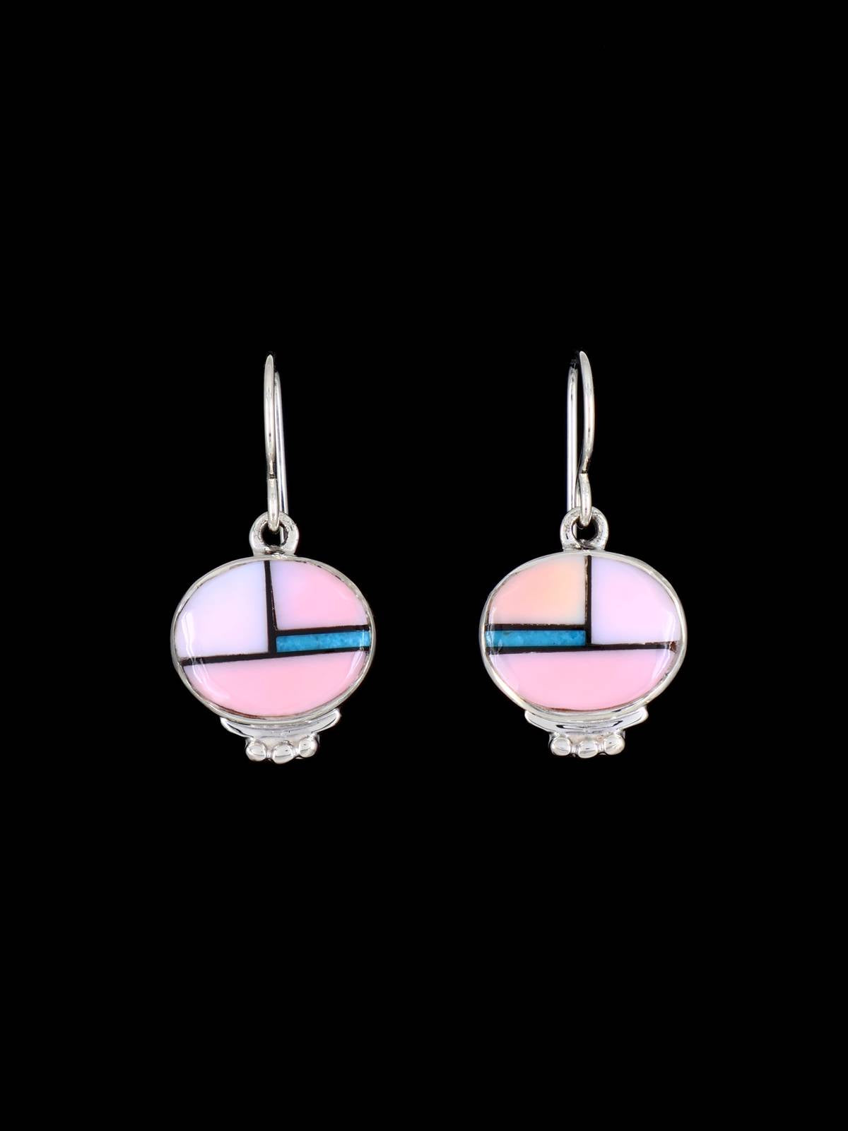 Navajo Pink Conch and Turquoise Sterling Silver Inlay Dangle Earrings - PuebloDirect.com