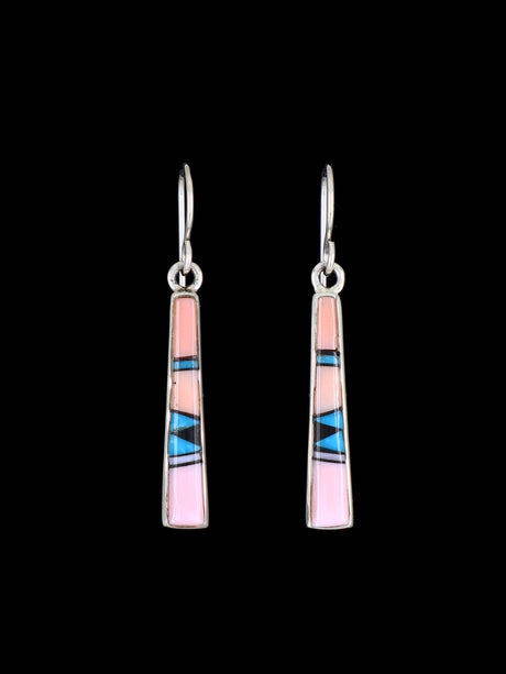 Navajo Pink Conch and Turquoise Sterling Silver Inlay Dangle Earrings - PuebloDirect.com