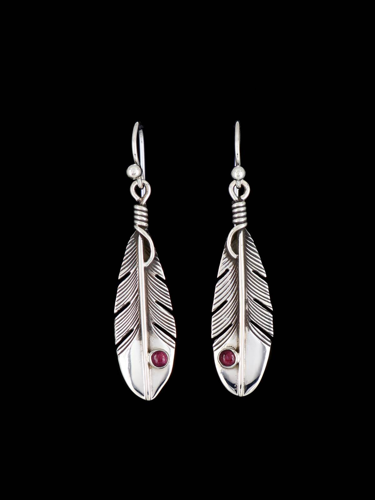 Native American Sterling Silver Spiny Oyster Dangle Feather Earrings - PuebloDirect.com