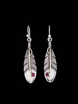 Native American Sterling Silver Spiny Oyster Dangle Feather Earrings - PuebloDirect.com