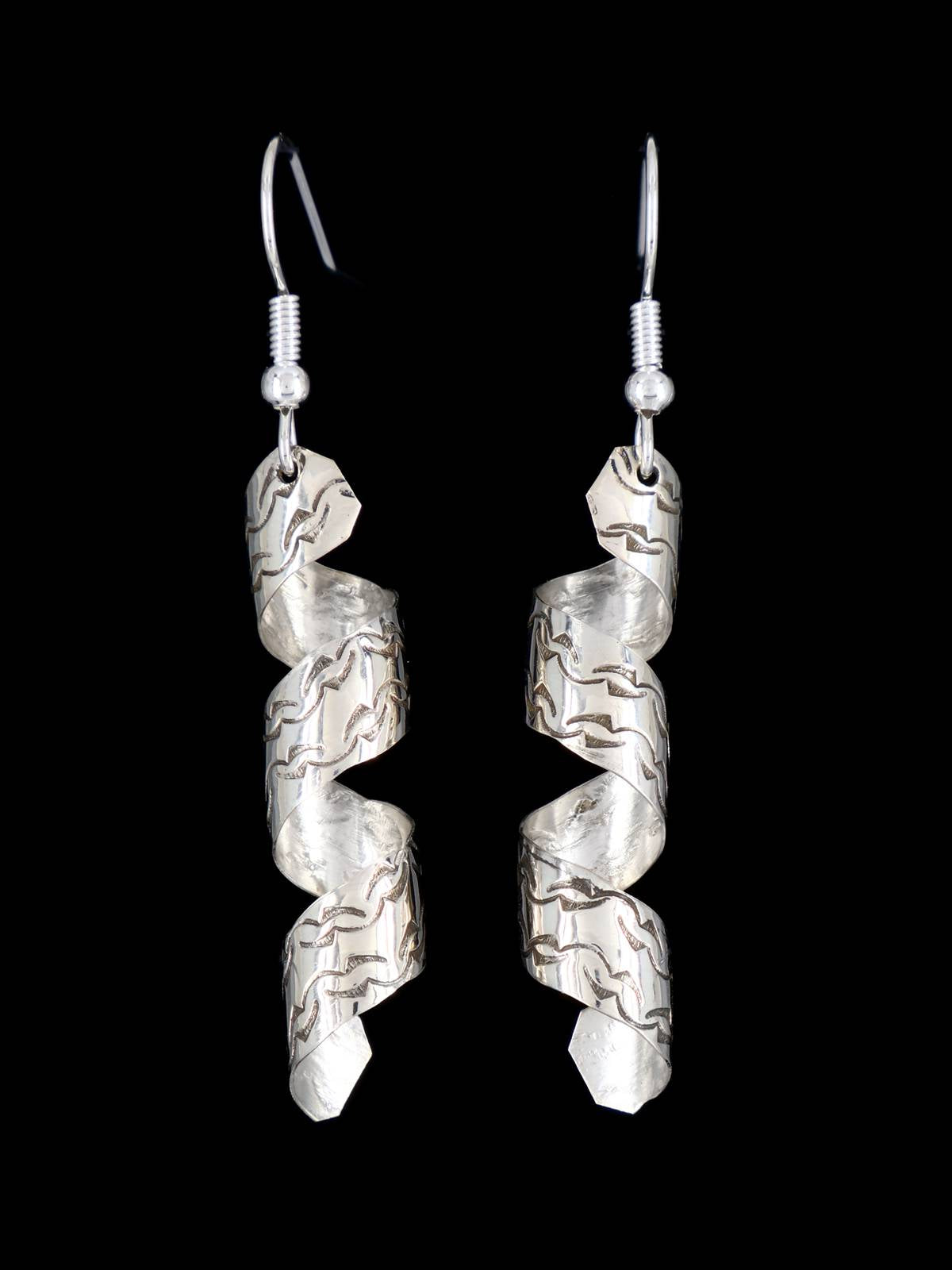 Etched Navajo Sterling Silver Dangle Twist Earrings - PuebloDirect.com