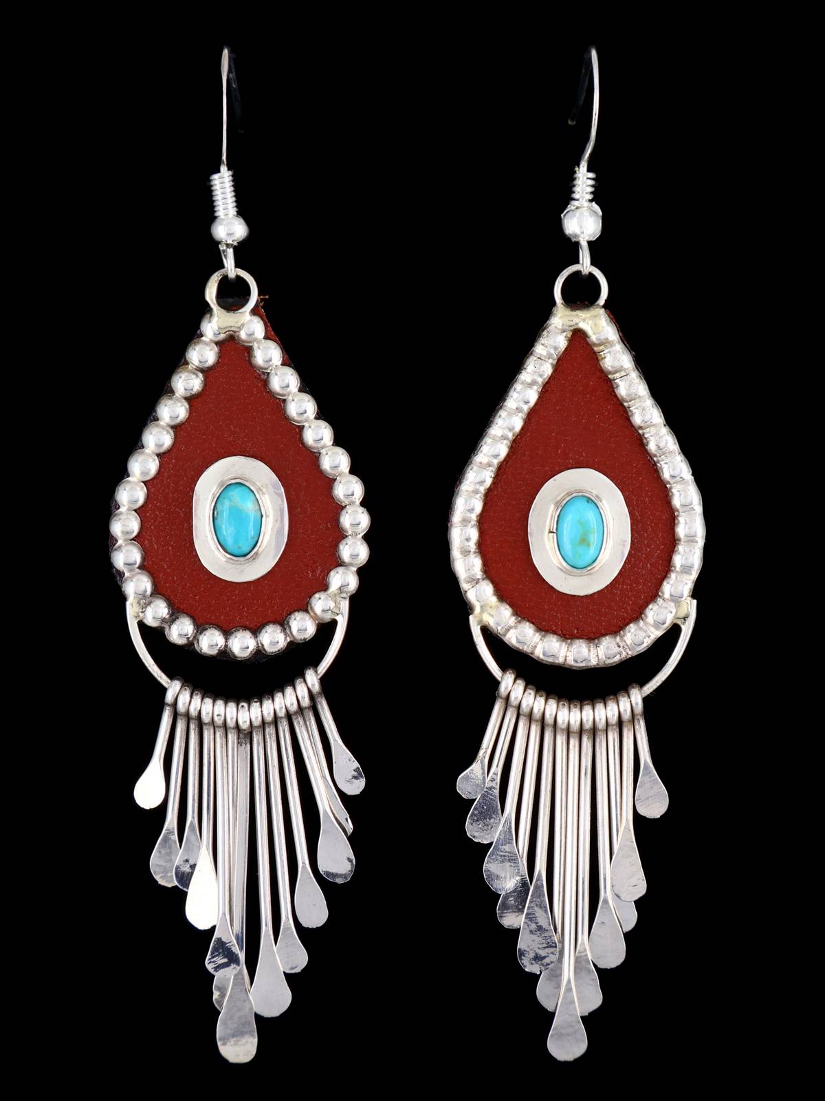 Navajo Sterling Silver Turquoise and Leather Waterfall Dangle Earrings - PuebloDirect.com